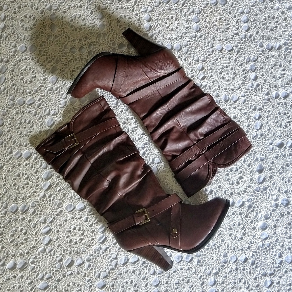 Brown Heeled Boots (Buckle Detailing) | Size 9